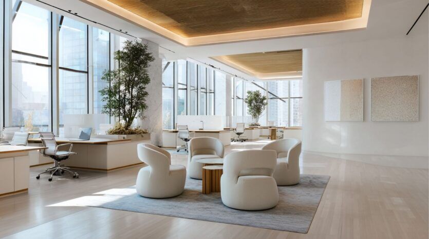Espace de bureau moderne avec de grandes fenêtres, de la lumière naturelle, des bureaux blancs, des chaises ergonomiques et des plantes d'intérieur au cœur du Damac District de Dubaï. Un coin salon avec des chaises blanches incurvées sur un tapis gris offre une vue sur les bâtiments de la ville à l'extérieur.