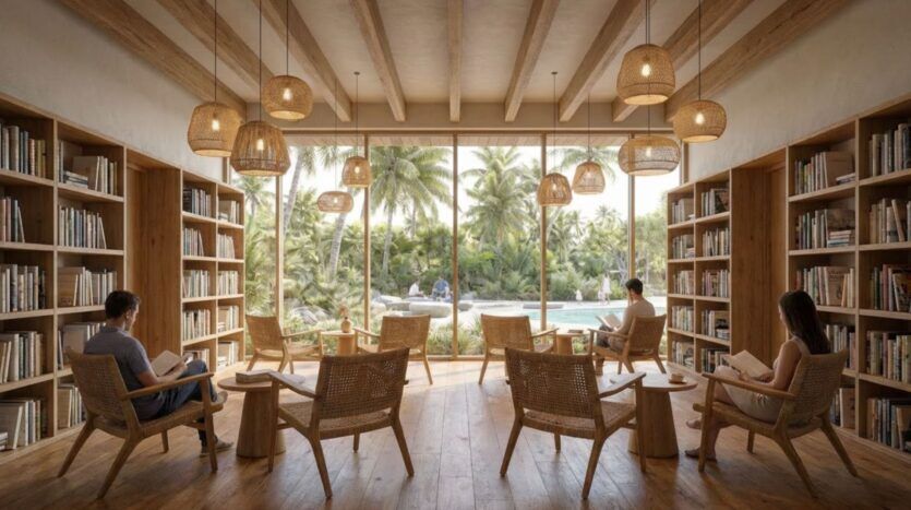 La bibliothèque chaleureuse de Lunaya Terraces est dotée de parquet, d'étagères et de fauteuils en osier. Plusieurs personnes y lisent. De grandes baies vitrées donnent sur un jardin luxuriant agrémenté de palmiers et d'une piscine à l'extérieur. Des suspensions aux tons chauds sont accrochées au plafond.