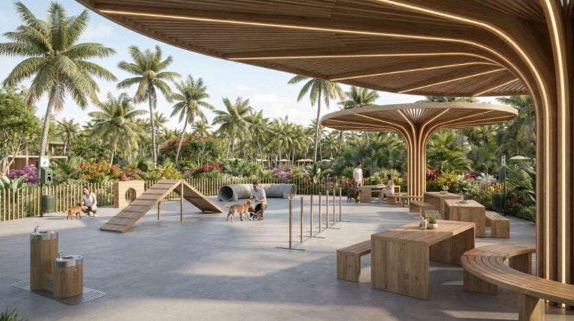 Un parc canin en plein air moderne situé à Lunaya Terraces, équipé de bancs en bois, d'installations d'agilité et fréquenté par des promeneurs accompagnés de leurs chiens. L'espace est entouré d'une végétation tropicale luxuriante et de palmiers, sous un ciel partiellement nuageux.