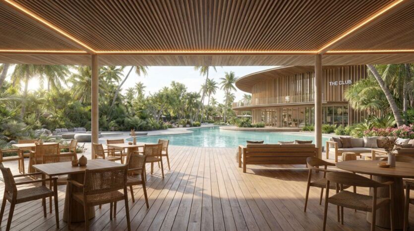 Le spacieux salon extérieur des Lunaya Terraces, avec ses tables et ses chaises en bois, donne sur une grande piscine entourée de palmiers. Le bâtiment moderne baptisé « The Club » se dresse de l'autre côté de l'eau, sous un ciel dégagé.