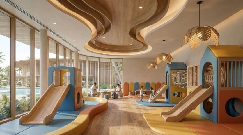 Salle de jeux moderne pour enfants à Lunaya Terraces, dotée de maisonnettes colorées, de toboggans et de structures d'escalade. De grandes baies vitrées laissent entrer la lumière naturelle. Le plafond en bois ondulé et la décoration ludique créent une ambiance chaleureuse qui plaît autant aux enfants qu'aux adultes.