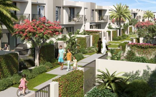 Illustration d'un quartier résidentiel moderne de The Valley, à Dubaï, avec des gens marchant et un enfant faisant du vélo. Les maisons ont un design épuré et sont entourées d'une verdure luxuriante et d'arbres en fleurs.