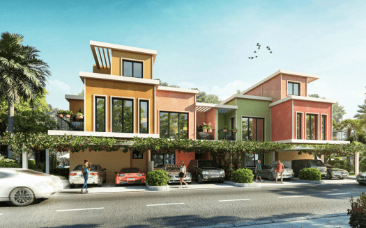 Une rangée de villas colorées et modernes à deux étages à Dubaï avec des garages attenants, une verdure luxuriante et des voitures garées. Les gens participent à diverses activités comme le jardinage et le lavage d’une voiture.