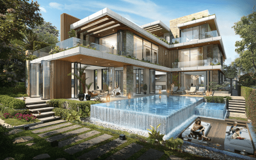 Une luxueuse maison moderne à Dubaï avec de grandes fenêtres en verre et des panneaux en bois, dotée d'une piscine extérieure. Les gens se détendent et les enfants jouent autour de la piscine, entourée d'une verdure luxuriante.