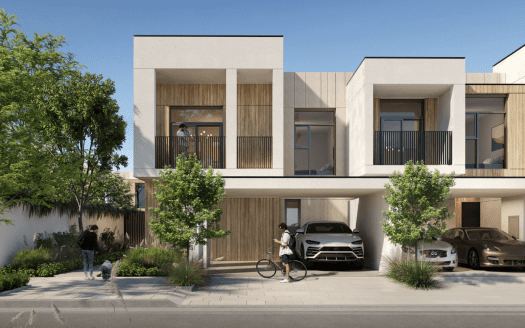 Maisons en rangée modernes aux lignes épurées, dotées de façades en bois et en béton, de grandes fenêtres et de balcons. Cette villa à Dubaï dispose d'une rue paysagée avec des voitures garées, un cycliste et une personne
