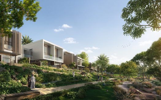 Représentation artistique d'un quartier résidentiel moderne de Dubaï avec des maisons élégantes au milieu de jardins luxuriants, reliés par une allée en bois, sous un ciel clair et ensoleillé. On peut voir des gens marcher tranquillement et converser