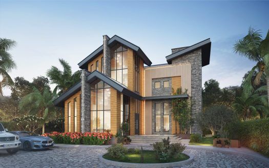 Une villa moderne de deux étages à Dubaï avec de grandes fenêtres, un extérieur en bois et en pierre et un jardin paysager avec une allée circulaire et une voiture garée.