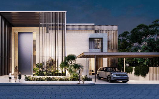 Maison moderne de deux étages à l'architecture minimaliste, présentant des lignes épurées et un mélange de lattes de bois et de façades en pierre lisse. On voit une famille se diriger vers l'entrée tandis qu'une voiture est garée sous un parking adjacent.