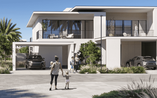 Un immeuble résidentiel moderne de deux étages doté de grandes fenêtres et de balcons, présentant une famille et des voitures garées dans les allées, sur fond de palmiers et d'un ciel dégagé à Dubaï.