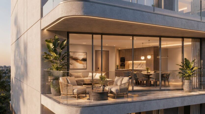 Le balcon de cet appartement moderne situé au Beverly Crown by HMB est doté d'une balustrade en verre, d'un coin salon extérieur élégant, de plantes en pot et de grandes baies vitrées s'ouvrant sur un salon-salle à manger lumineux, à l'éclairage chaleureux et à la décoration minimaliste.
