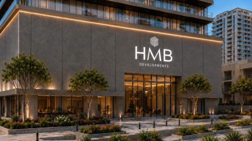 Un immeuble moderne doté de grandes baies vitrées et de l'enseigne lumineuse « HMB Developments » au-dessus de l'entrée ; une végétation luxuriante et des arbres encadrent le Beverly Crown by HMB, avec en toile de fond d'autres immeubles de grande hauteur.