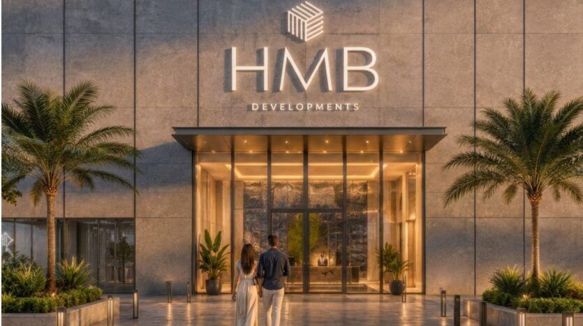 Un homme et une femme se dirigent vers l'entrée vitrée d'un immeuble moderne où l'enseigne « HMB Developments » est apposée au-dessus de la porte, flanquée de palmiers et de plantes décoratives, laissant entrevoir le style luxueux du projet « Beverly Crown by HMB ».