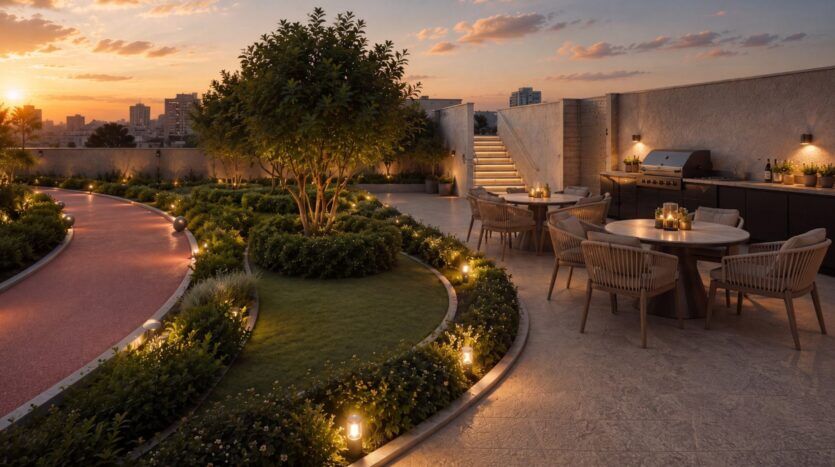 La terrasse sur le toit du Beverly Crown by HMB, au coucher du soleil, abrite un jardin circulaire agrémenté d'un arbre, d'un sentier éclairé, de tables à manger rondes, d'un espace barbecue, avec les immeubles de la ville en toile de fond. Des lumières chaleureuses y créent une ambiance conviviale.