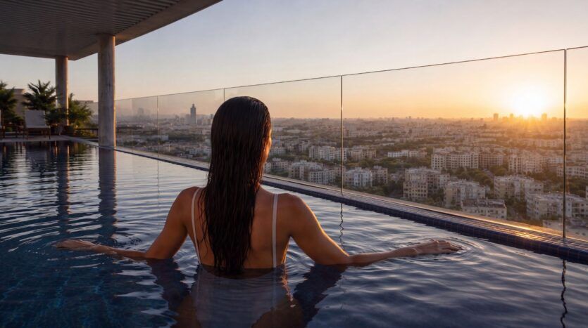 Une femme aux cheveux mouillés se tient dans une piscine à débordement sur un toit-terrasse, face à un panorama urbain au coucher du soleil. Le soleil projette une lueur chaleureuse sur les immeubles et l'eau, mettant en valeur l'élégance de la collection « Beverly Crown » signée HMB.