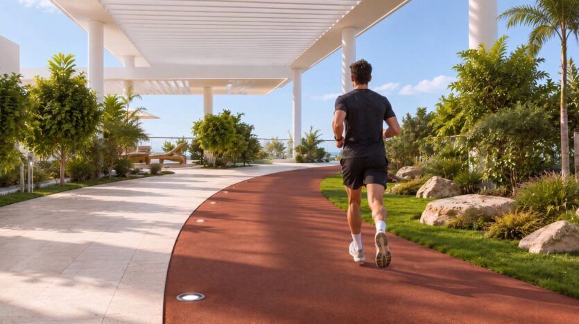 Un homme en tenue de sport fait son jogging sur une piste d'athlétisme rouge en plein air au Beverly Crown by HMB, entouré de verdure et de bâtiments modernes aux lignes épurées, par une journée ensoleillée.