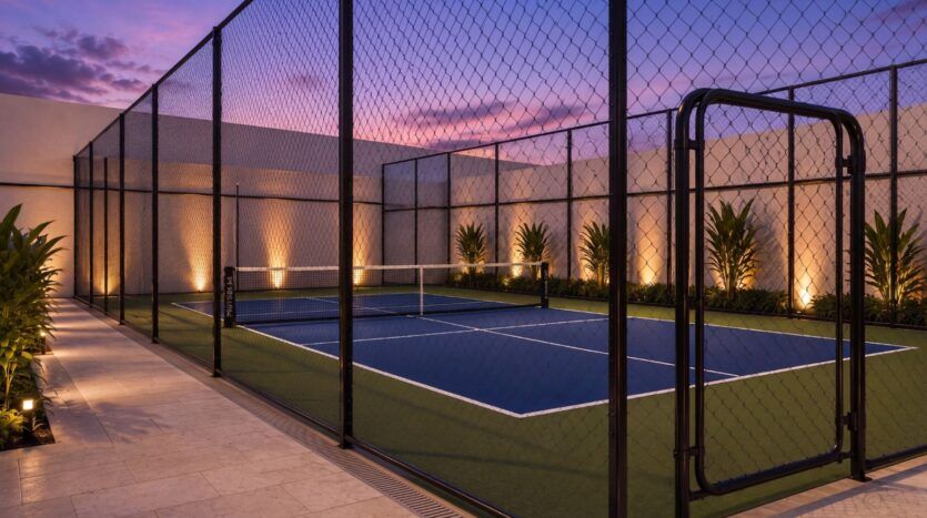 Au Beverly Crown by HMB, un court de tennis extérieur moderne est entouré d'une clôture grillagée noire ; des projecteurs éclairent les lieux et des plantes bordent les murs. Le ciel se pare de couleurs au coucher du soleil.