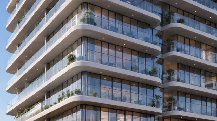 Gros plan sur le Beverly Crown de HMB, un immeuble moderne doté de balcons incurvés, de balustrades en verre et de grandes baies vitrées allant du sol au plafond. Des plantes verdoyantes bordent chaque balcon, conférant à l'ensemble un aspect frais et contemporain.