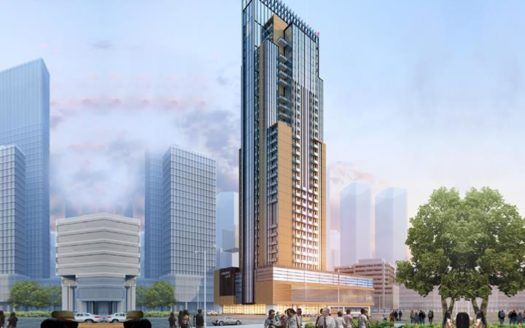 Rendu architectural de "La Tour Carrée", un gratte-ciel moderne au milieu d'autres bâtiments de la ville, avec des piétons visibles au premier plan sous un ciel bleu clair.