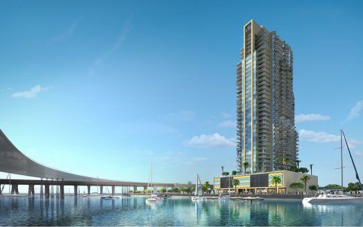 Une oasis urbaine moderne près du gratte-ciel Missoni à côté d'un plan d'eau avec un pont sur la gauche. Le bâtiment dispose de balcons ornés de verdure, et il y a des bateaux et des palmiers