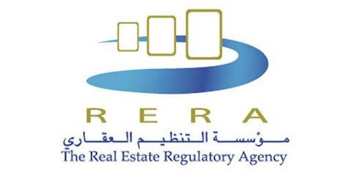 Logo de l'agence de régulation immobilière (RERA) comportant des icônes de bâtiments stylisées au-dessus de l'acronyme « RERA » et son nom en arabe et en anglais ci-dessous, agréé à Dubaï.