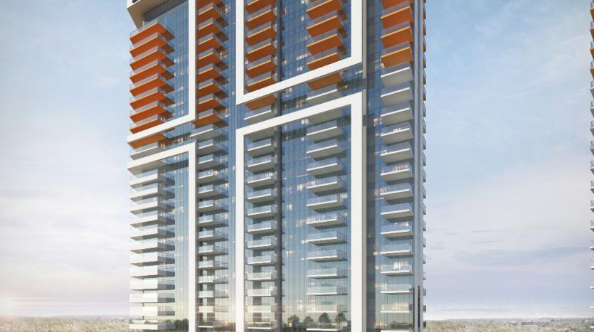 Rendu de deux immeubles modernes de grande hauteur à Dubaï avec des façades orange et blanches, dotées de balcons et entourées d'espaces paysagers et de passerelles, sur un ciel clair.