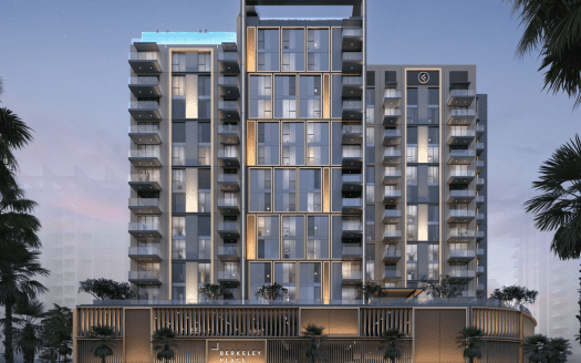 Villa résidentielle moderne à Dubaï éclairée au crépuscule, dotée d'une façade élégante avec une signalisation bien visible « Ellington Berkeley Place » et des balcons aux étages supérieurs.