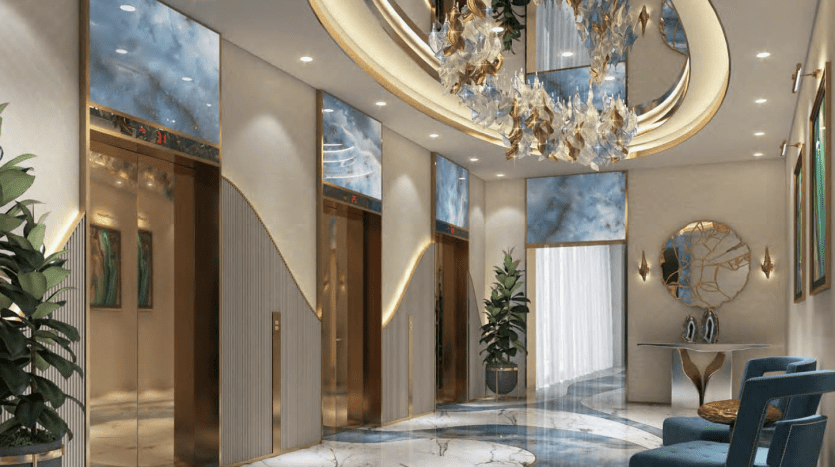 Intérieur du hall luxueux avec sols en marbre, accents dorés, lustres élégants et mobilier moderne. De grandes fenêtres apportent de la lumière naturelle, renforçant l'atmosphère opulente typique des propriétés immobilières haut de gamme de Dubaï