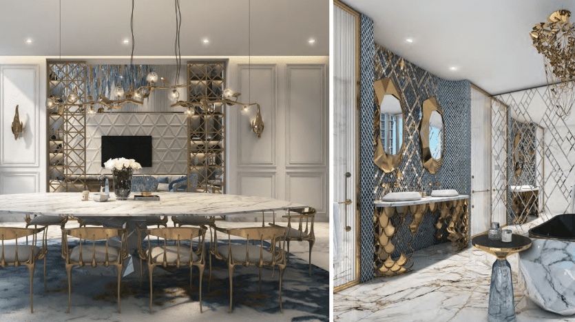 Design d'intérieur luxueux dans un appartement de Dubaï comprenant deux scènes : une salle à manger avec une grande table en marbre et des chaises dorées, et une somptueuse salle de bains avec des surfaces en marbre et des accents dorés. Les deux chambres sont élégamment
