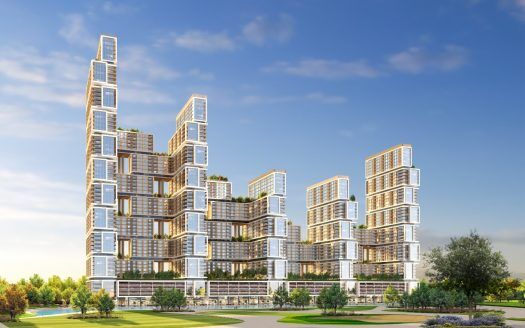 Bâtiments résidentiels futuristes à plusieurs niveaux dans un parc luxuriant avec un ciel clair à Dubaï. L'architecture présente un design cubiste empilé avec des balcons et des terrasses vertes.
