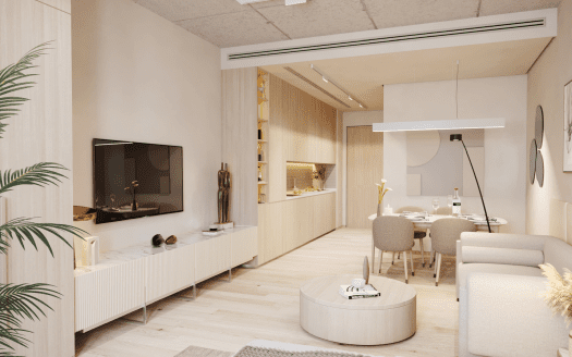 Salon moderne et cuisine ouverte avec des tons neutres, un mobilier contemporain, une télévision, un coin repas et un luminaire suspendu, avec des éléments de décoration élégants et des accents en bois dans une villa de Dubaï.
