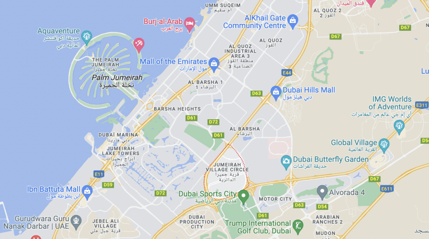 Map view of Dubai highlighting landmarks such as the Burj Al Arab, Palm Jumeirah and Mall of the Emirates, as well as main roads, neighborhood names and major Dubai real estate properties displayed.
