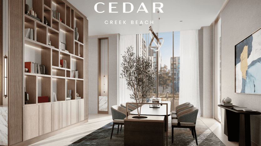 Salon moderne et luxueux avec de grandes fenêtres, de la lumière naturelle, un mobilier élégant et une vaste étagère dans une villa de Dubaï, avec le texte « plage de Cedar Creek » bien en évidence en haut