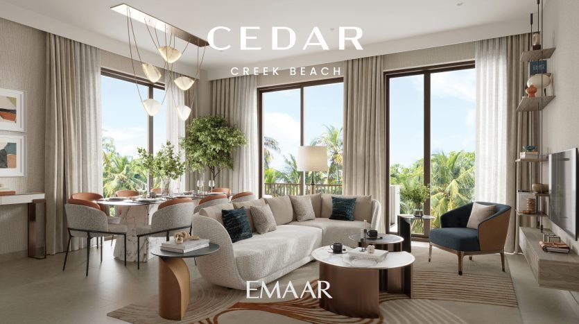 Salon luxueux à Cedar Creek Beach par Emaar présentant un intérieur spacieux et moderne avec une grande fenêtre donnant sur un feuillage luxuriant, des meubles élégants et une ambiance sereine en bord de mer dans un appartement de Dubaï