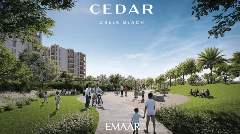 Une représentation artistique de Cedar Creek Beach par Emaar, représentant des gens se promenant et socialisant dans un parc paysager luxuriant avec des bâtiments de villas modernes de Dubaï et des palmiers en arrière-plan.