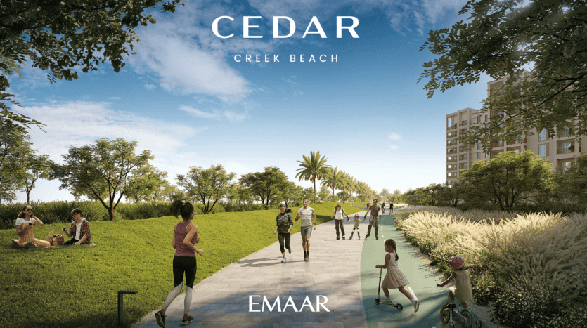 Image promotionnelle de Cedar Creek Beach par Emaar montrant des personnes pratiquant diverses activités comme la marche, le jogging et le vélo à proximité de villas et d'appartements modernes à Dubaï.