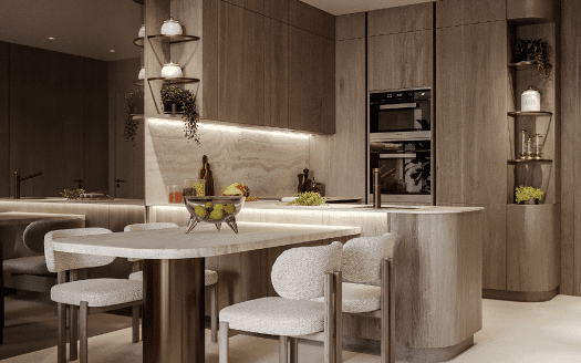 Une cuisine moderne avec des armoires en bois, un îlot incurvé avec des chaises blanches, des appareils électroménagers intégrés et des suspensions suspendues. Les plantes vertes ajoutent une touche de nature à cet appartement Dubaï.