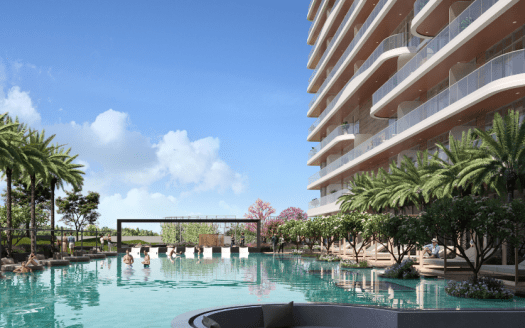 Une scène luxueuse au bord de la piscine avec des gens se relaxant dans et autour d'une grande piscine extérieure claire, entourée de palmiers et située en face d'un appartement moderne de grande hauteur à Dubaï avec des balcons incurvés.