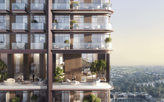 Immeuble moderne de grande hauteur à Dubaï doté de plusieurs balcons, chacun doté d'une végétation luxuriante et d'un mobilier d'extérieur élégant, donnant sur un paysage serein au coucher du soleil.