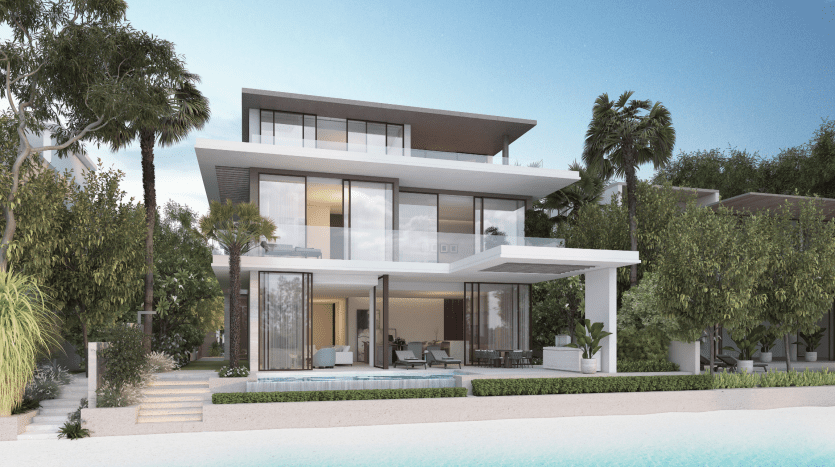 A modern two-storey home with large windows and balconies, surrounded by lush greenery and a foreground pool, against a backdrop of twilight skies. Ideal for those looking to invest in Dubai.