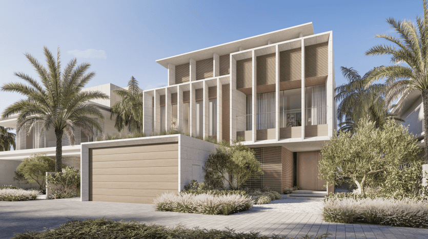 Modern two-storey house with large windows, wooden shutters and garage, surrounded by palm trees and landscaped gardens under clear skies in Dubai.