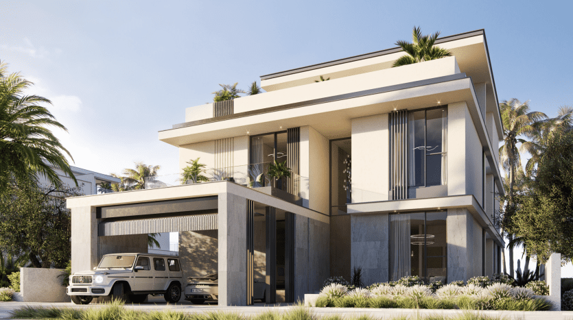 Modern two-storey house with geometric architecture, large windows and surrounded by palm trees, including an SUV parked under a covered driveway; an ideal investment opportunity in Dubai.