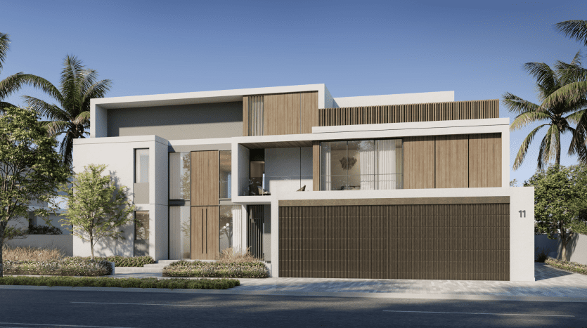 Modern two-storey villa in Dubai with flat roof, wood panelling, large windows and surrounded by palm trees, under a clear blue sky.
