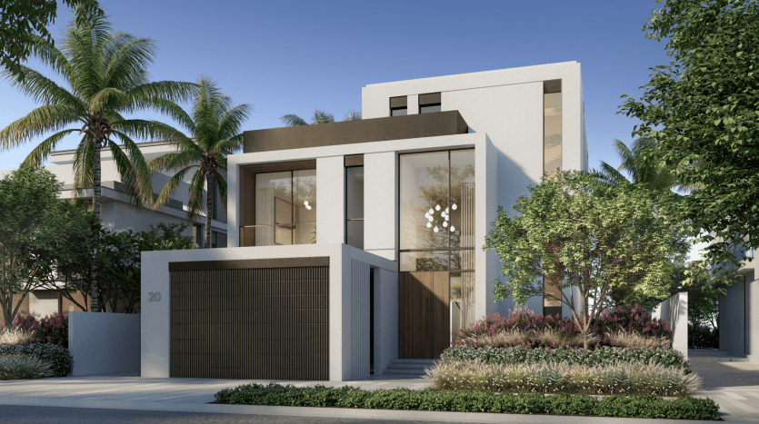 Modern two-story home with flat roof, large windows and garage, surrounded by lush landscaping and palm trees under clear skies in Dubai.