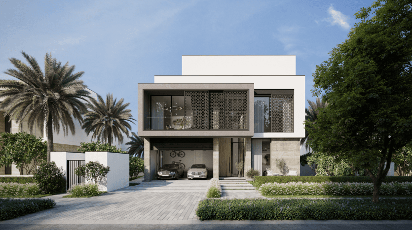A modern two-storey home with geometric design elements, large glass windows and ornate metal latticework. Lush greenery surrounds the property offered by a leading real estate agency in Dubai, and