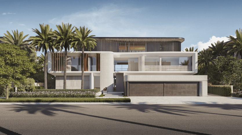 A modern two-storey home featuring a mix of white walls and wooden accents, surrounded by palm trees and lush greenery, ideal for investing in Dubai, with a large garage out front.