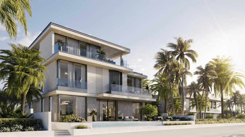 Modern three-storey luxury home with large glass windows and balconies, surrounded by tall palm trees under a clear sky. The setting evokes a serene, tropical ambience, ideal for investing in real estate in Dubai.
