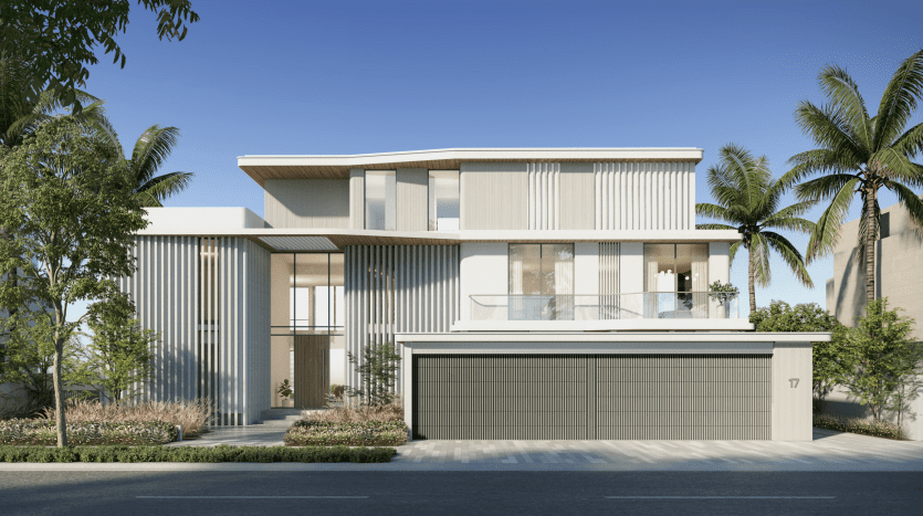 Modern two-storey house with clean lines, large windows and a flat roof, managed by a leading real estate agency in Dubai. It features a balcony and double garage, surrounded by lush palm trees.