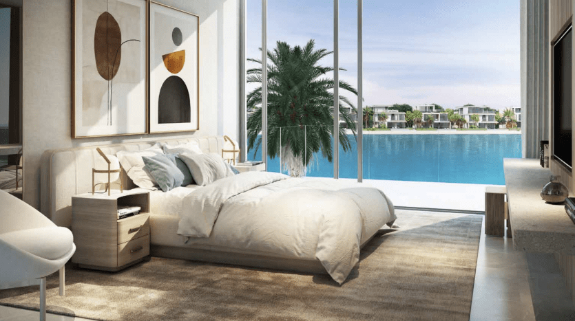 Luxurious villa room in Dubai opening directly onto a swimming pool, with modern furnishings and decor, large glass windows offering a view of palm trees and water, creating a serene atmosphere.