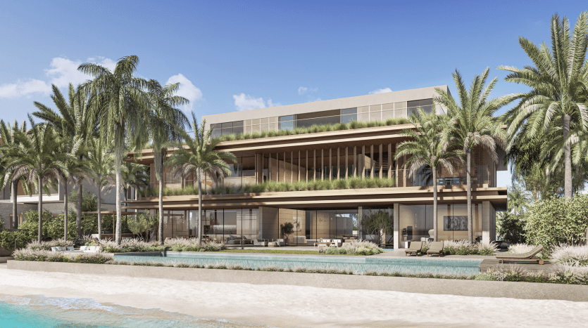 A luxurious beachfront apartment in Dubai with large glass windows, surrounded by palm trees, features a large terrace and infinity pool overlooking a serene beach.