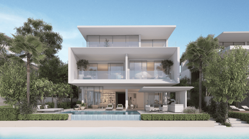 Luxurious modern villa in Dubai with large pool, surrounded by lush greenery, featuring elegant white balconies and vast glass windows.